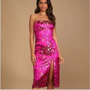 Lulus Make a Move Magenta Satin Floral Jacquard Strapless Midi Dress Size L NWT